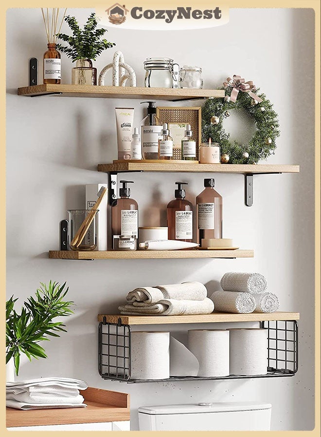 كوزينيست مجموعة رفوف حائط عائمة من 4 قطع، تصميم متعدد الطبقات من الخشب الطبيعي والمعدن مع شبك حديدي للحماية، تركيب جداري قوي وعميق للتخزين، بلون الخشب الطبيعي، مثالية لغرف النوم والحمام والمطبخ وغرفة الغسيل وغرف المعيشة والخزائن - Image 1