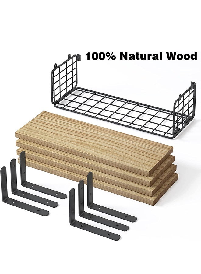 كوزينيست مجموعة رفوف حائط عائمة من 4 قطع، تصميم متعدد الطبقات من الخشب الطبيعي والمعدن مع شبك حديدي للحماية، تركيب جداري قوي وعميق للتخزين، بلون الخشب الطبيعي، مثالية لغرف النوم والحمام والمطبخ وغرفة الغسيل وغرف المعيشة والخزائن - Image 4