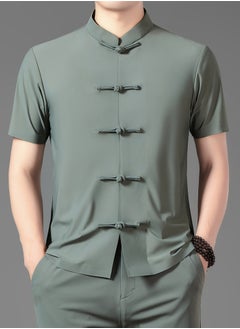 AROAQ Men's Summer Tang Suit Lightweight, Breathable Nylon Spandex Blend  Quick Dry Solid Color with Traditional Handcrafted Buttons And Stand Collar Chinese Traditional Dress Tang Suit Green  - Image 1
