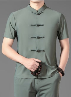 AROAQ Men's Summer Tang Suit Lightweight, Breathable Nylon Spandex Blend  Quick Dry Solid Color with Traditional Handcrafted Buttons And Stand Collar Chinese Traditional Dress Tang Suit Green  - Image 3