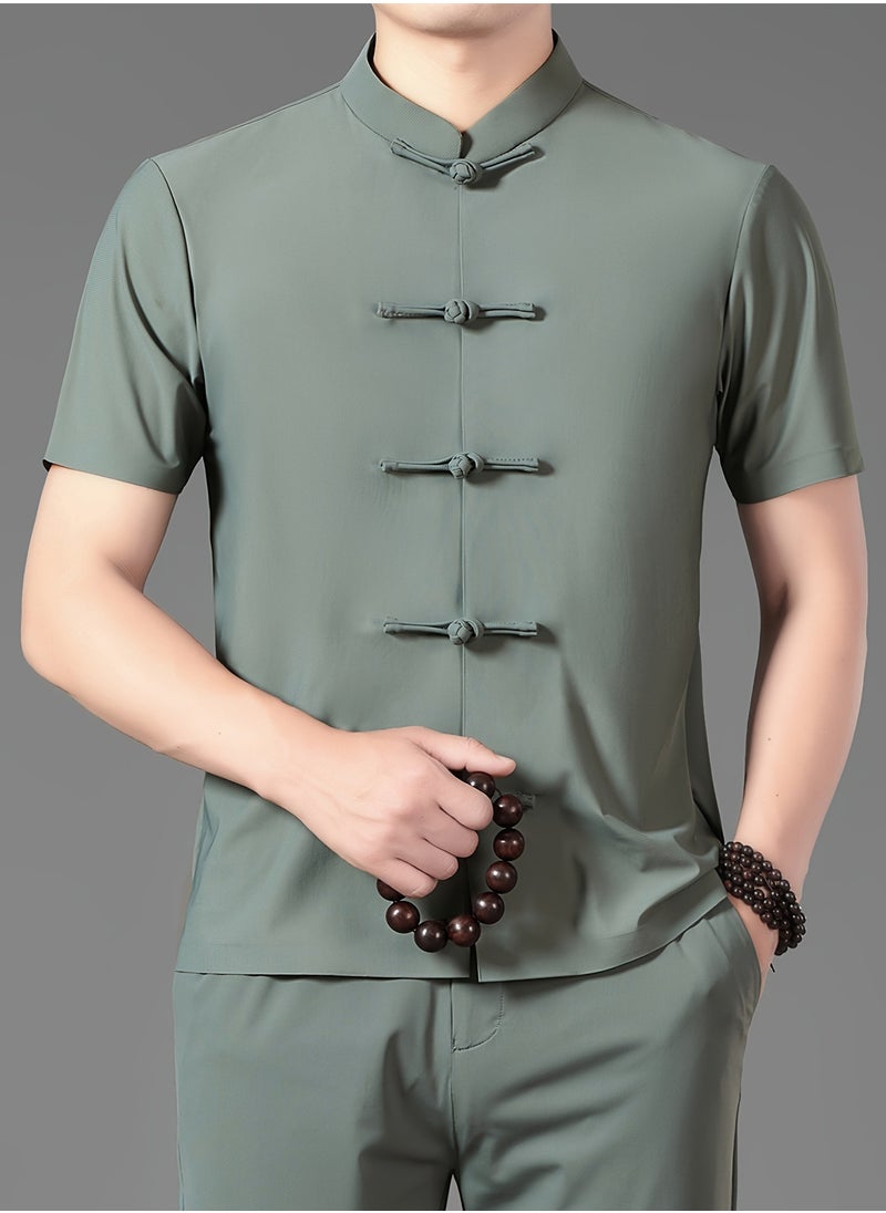 AROAQ Men's Summer Tang Suit Lightweight, Breathable Nylon Spandex Blend  Quick Dry Solid Color with Traditional Handcrafted Buttons And Stand Collar Chinese Traditional Dress Tang Suit Green  - Image 3
