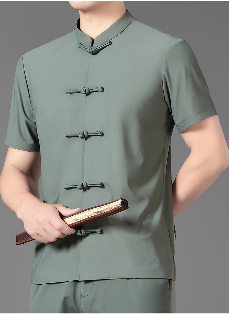 AROAQ Men's Summer Tang Suit Lightweight, Breathable Nylon Spandex Blend  Quick Dry Solid Color with Traditional Handcrafted Buttons And Stand Collar Chinese Traditional Dress Tang Suit Green  - Image 4