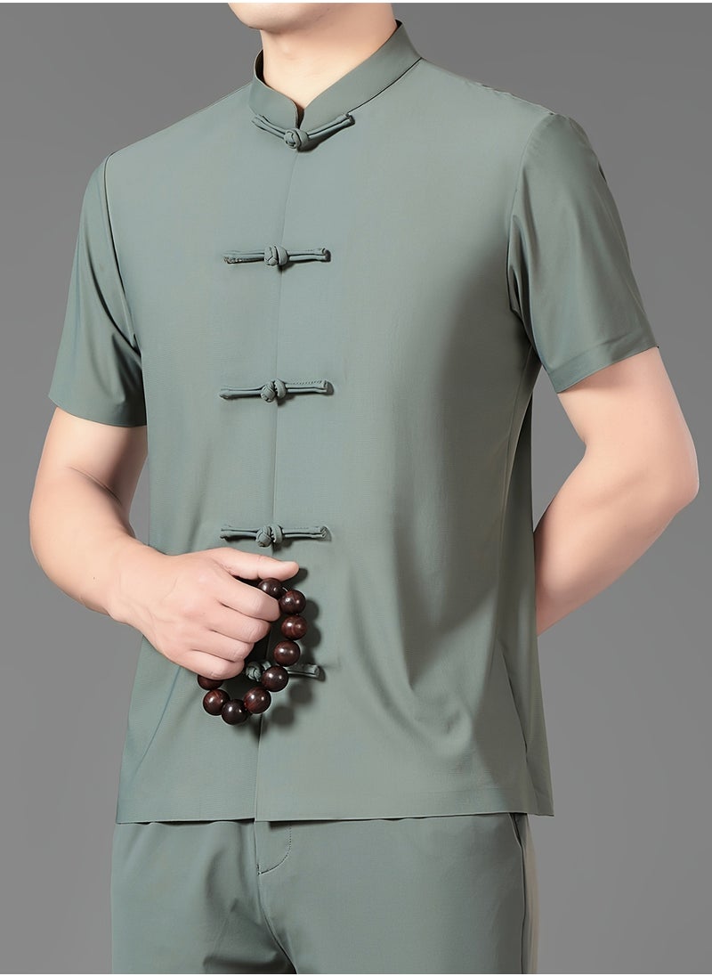 AROAQ Men's Summer Tang Suit Lightweight, Breathable Nylon Spandex Blend  Quick Dry Solid Color with Traditional Handcrafted Buttons And Stand Collar Chinese Traditional Dress Tang Suit Green  - Image 5