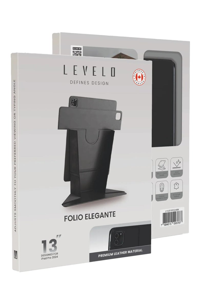LEVELO Elegante Magnetic Folio for iPad Pro 13" 2022 Case 360° Rotation Multi Fold PU Leather Stain Resistant - Black - Image 5