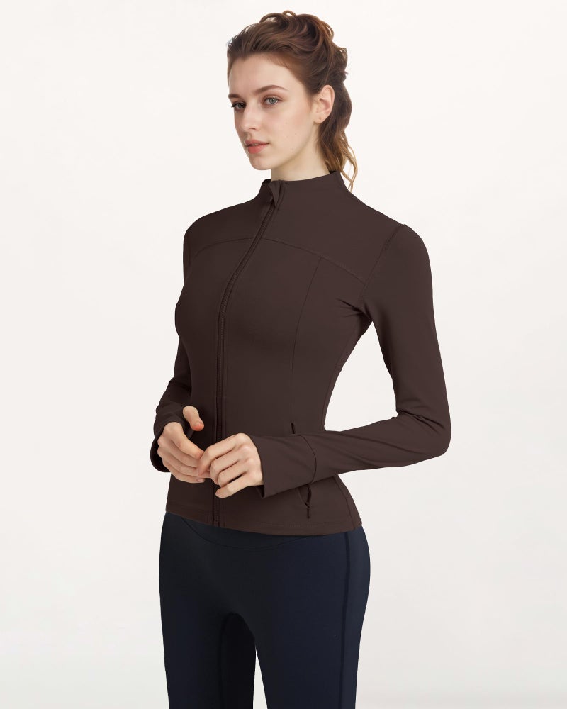 Locachy Women's Slim Fit Full Zip Athletic Running Sports Workout Jacket with Thumb Holes 01 Coffee S - Image 3