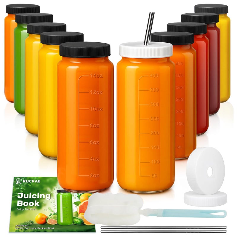 Ruckae 16oz 10 Pack Juice Bottles, Glass Bottles with Lids, Smoothie Cup Lids and Straws, Water Bottle Mason Jar Drinking Glasses for Juicing, Smoothies, Kombucha - Image 1