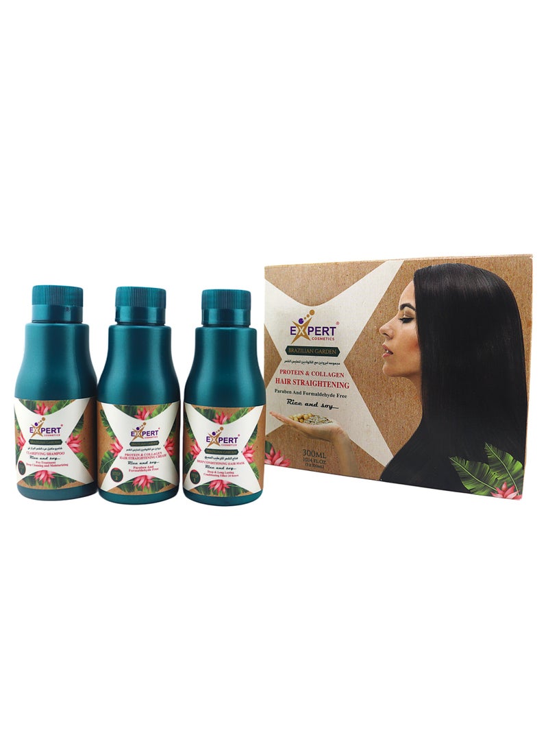 Expert Cosmetics Brazilian Garden Hair Straightening Kit, Protein & Collagen, Paraben and Formaldehyde Free, Rice and Soy, 300ml, 3-Step Treatment with Clarifying Shampoo, Straightening Cream, Deep Conditioning Mask - Image 1