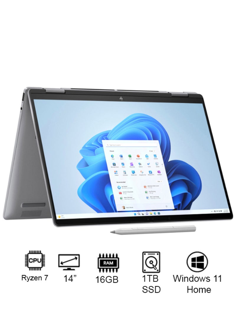 HP لابتوب إنفي x360 A0PV7EA بشاشة 14 بوصة، مع معالج AMD Ryzen 7 8840HS/ذاكرة RAM سعة 16 جيجابايت/قرص SSD سعة 1 تيرابايت/رسومات AMD Radeon/نظام ويندوز 11 بالإنجليزية/العربية فضي ميتور - Image 1