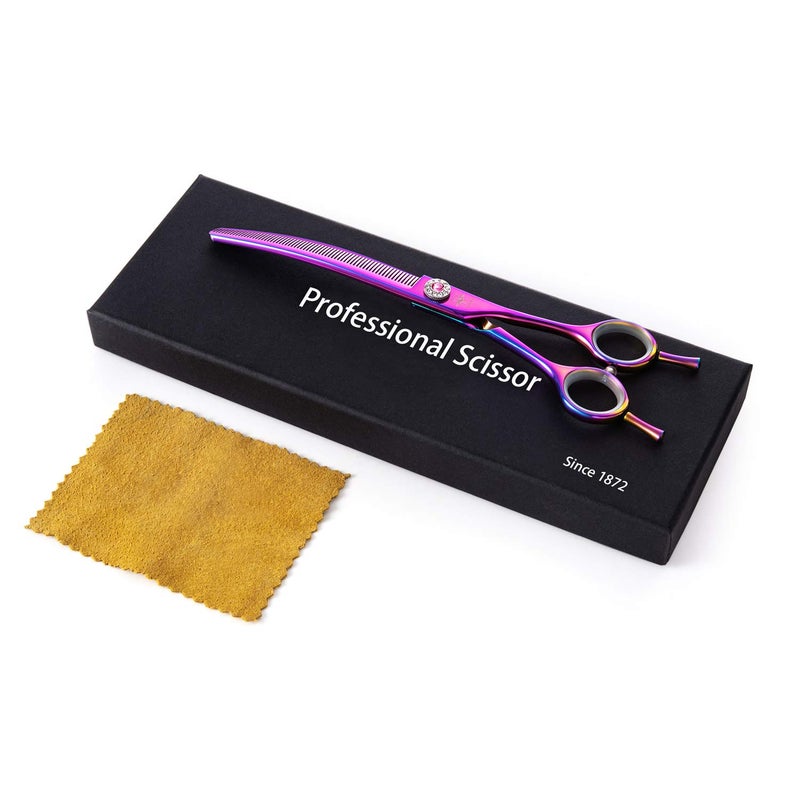 PURPLEBIRD 7 Inch Downward Curved Dog Grooming Scissors Thinning Texturizing Shears Professional Safety Blunt Tip Trimming Shearing for Dogs Cats Face Paws Limbs Japanese Stainless Steel Purple - Image 5