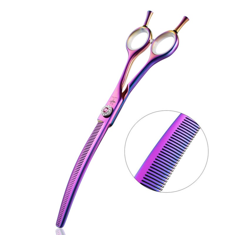 PURPLEBIRD 7 Inch Downward Curved Dog Grooming Scissors Thinning Texturizing Shears Professional Safety Blunt Tip Trimming Shearing for Dogs Cats Face Paws Limbs Japanese Stainless Steel Purple - Image 1