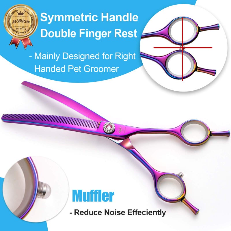 PURPLEBIRD 7 Inch Downward Curved Dog Grooming Scissors Thinning Texturizing Shears Professional Safety Blunt Tip Trimming Shearing for Dogs Cats Face Paws Limbs Japanese Stainless Steel Purple - Image 3