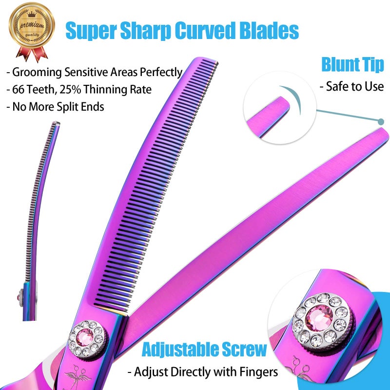 PURPLEBIRD 7 Inch Downward Curved Dog Grooming Scissors Thinning Texturizing Shears Professional Safety Blunt Tip Trimming Shearing for Dogs Cats Face Paws Limbs Japanese Stainless Steel Purple - Image 2