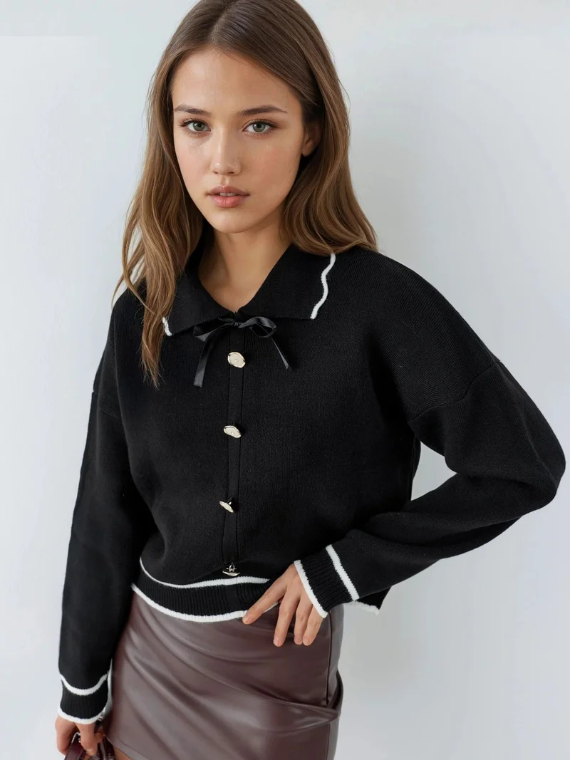 موضتي MY FASHION Textured Polo Neck Knit Sweater with Ribbon Detail