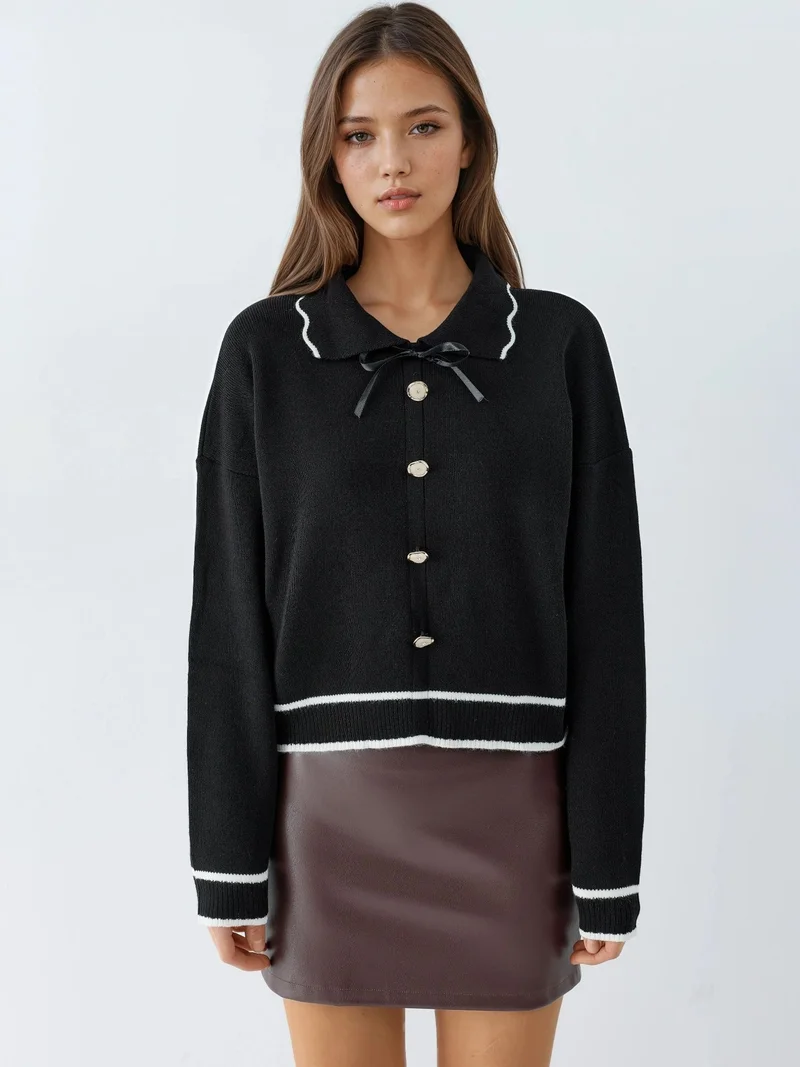 My Fashion Black MY FASHION Textured Polo Neck Knit Sweater with Ribbon Detail for Women | Best Price UAE