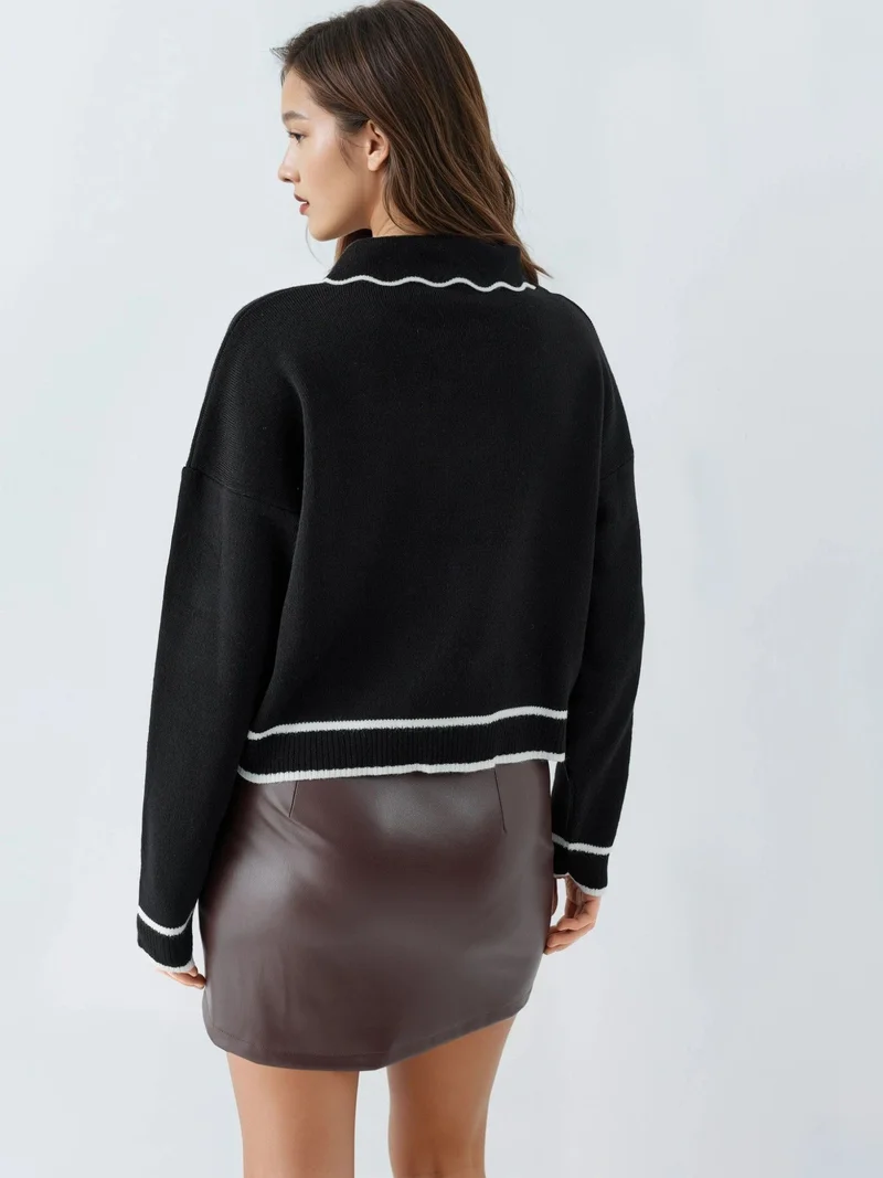My Fashion Black MY FASHION Textured Polo Neck Knit Sweater with Ribbon Detail for Women | Best Price UAE