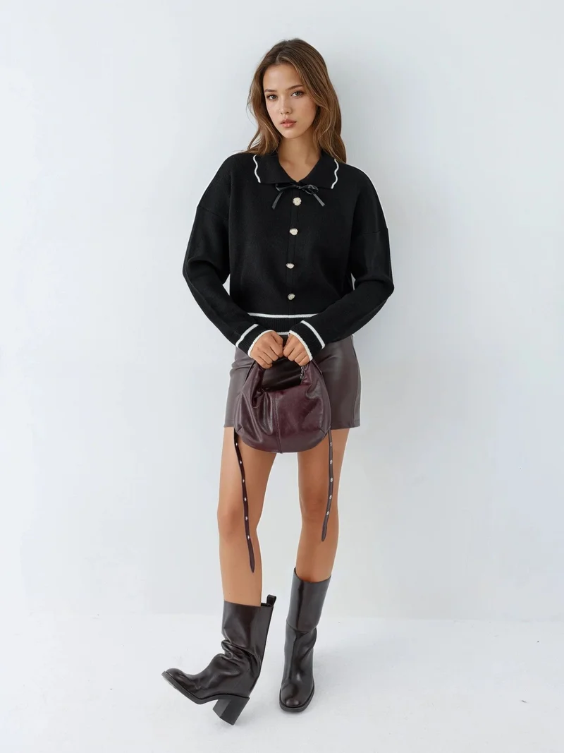 My Fashion Black MY FASHION Textured Polo Neck Knit Sweater with Ribbon Detail for Women | Best Price UAE