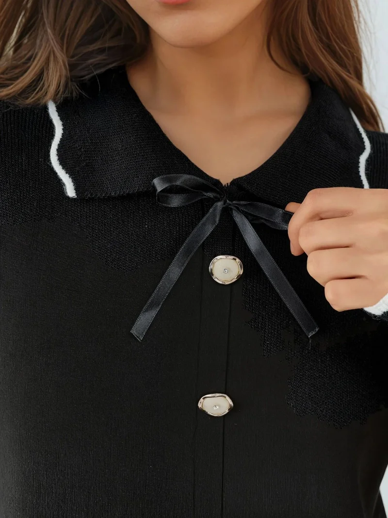 My Fashion Black MY FASHION Textured Polo Neck Knit Sweater with Ribbon Detail for Women | Best Price UAE