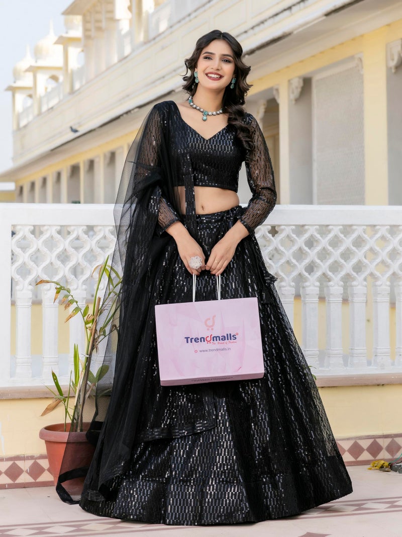 TRENDMALLS Black Net Embroidery Sequence Work Semi-Stitched Lehenga Choli with Net Dupatta For Women-L261-Black (Wedding-Bridal-Latest-Lehenga-Choli_Free Size) - Image 3