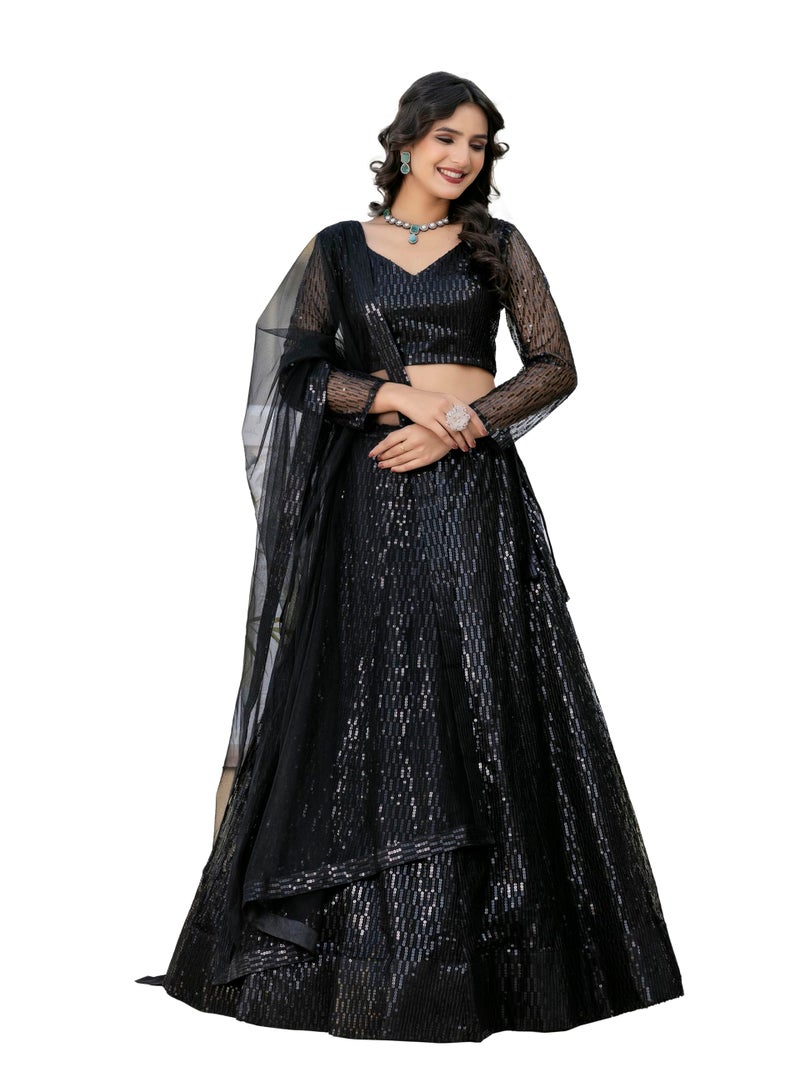 TRENDMALLS Black Net Embroidery Sequence Work Semi-Stitched Lehenga Choli with Net Dupatta For Women-L261-Black (Wedding-Bridal-Latest-Lehenga-Choli_Free Size) - Image 1