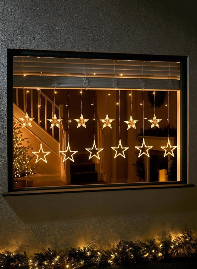 Warm White 12 Star Icicle Lights LED Star String Lights Plug in Drops Connectable Window Lights for  Bedroom  Curtain Indoor Outdoor Shop Party Holiday Ramadan Eid Wedding Decorations - Image 1