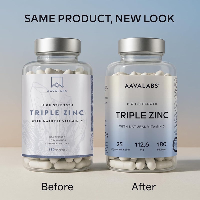 AAVALABS Triple Zinc Supplements for Men and Women 25mg with Natural Vitamin C Zinc Picolinate Bisglycinate and Monomethionine 180 Capsules 6 Months Supply - Image 2