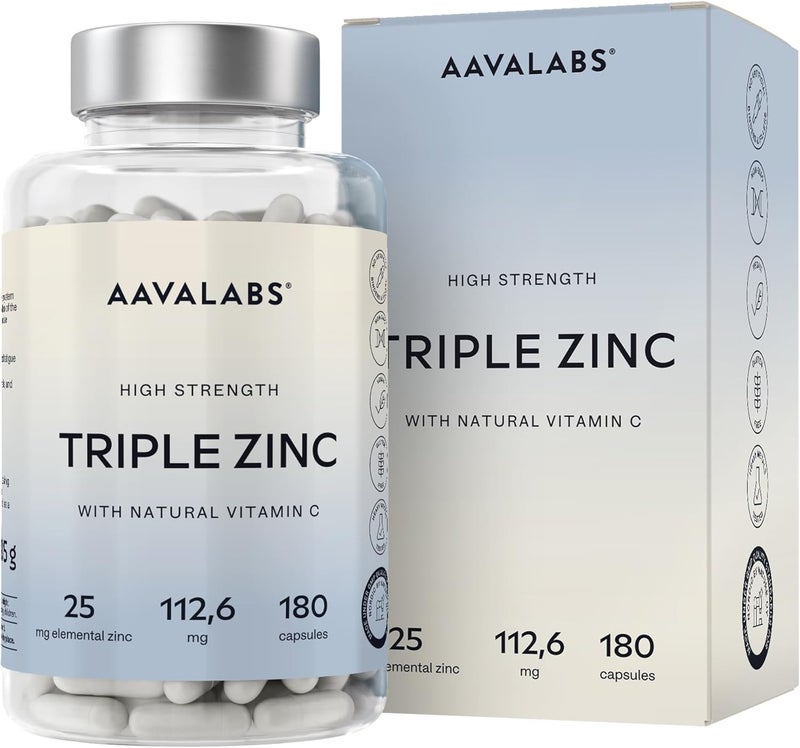 AAVALABS Triple Zinc Supplements for Men and Women 25mg with Natural Vitamin C Zinc Picolinate Bisglycinate and Monomethionine 180 Capsules 6 Months Supply - Image 1