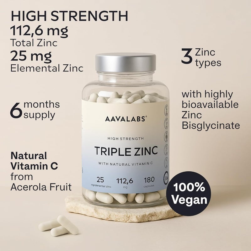 AAVALABS Triple Zinc Supplements for Men and Women 25mg with Natural Vitamin C Zinc Picolinate Bisglycinate and Monomethionine 180 Capsules 6 Months Supply - Image 3