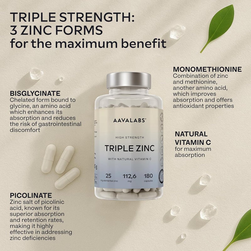 AAVALABS Triple Zinc Supplements for Men and Women 25mg with Natural Vitamin C Zinc Picolinate Bisglycinate and Monomethionine 180 Capsules 6 Months Supply - Image 5