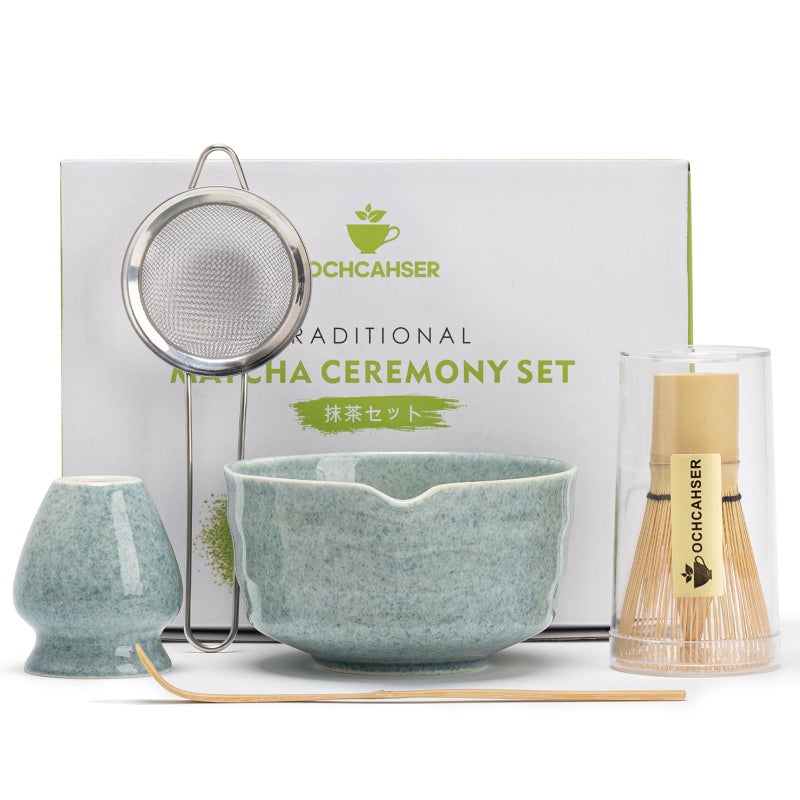 Ochcahser Matcha Kit Set Matcha Whisk Set Includes Matcha Bowl And Holder Bamboo Matcha Whisk Scoop and Matcha Sifter 17 oz Mottled Blue Glaze Ceramic Matcha Kit for Tea Lovers