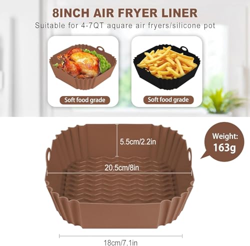 Boribim 2 PCS Square Silicone Air Fryer Liners - 8 Inch Reusable Air Fryer Pot - Air Fryer Accessories - Air Fryer Inserts for 4 to 7 QT Oven Microwave Accessories (Black + Brown) - Image 2