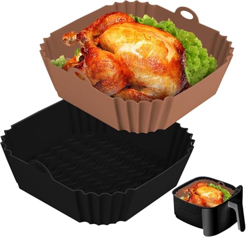 Boribim 2 PCS Square Silicone Air Fryer Liners - 8 Inch Reusable Air Fryer Pot - Air Fryer Accessories - Air Fryer Inserts for 4 to 7 QT Oven Microwave Accessories (Black + Brown) - Image 1