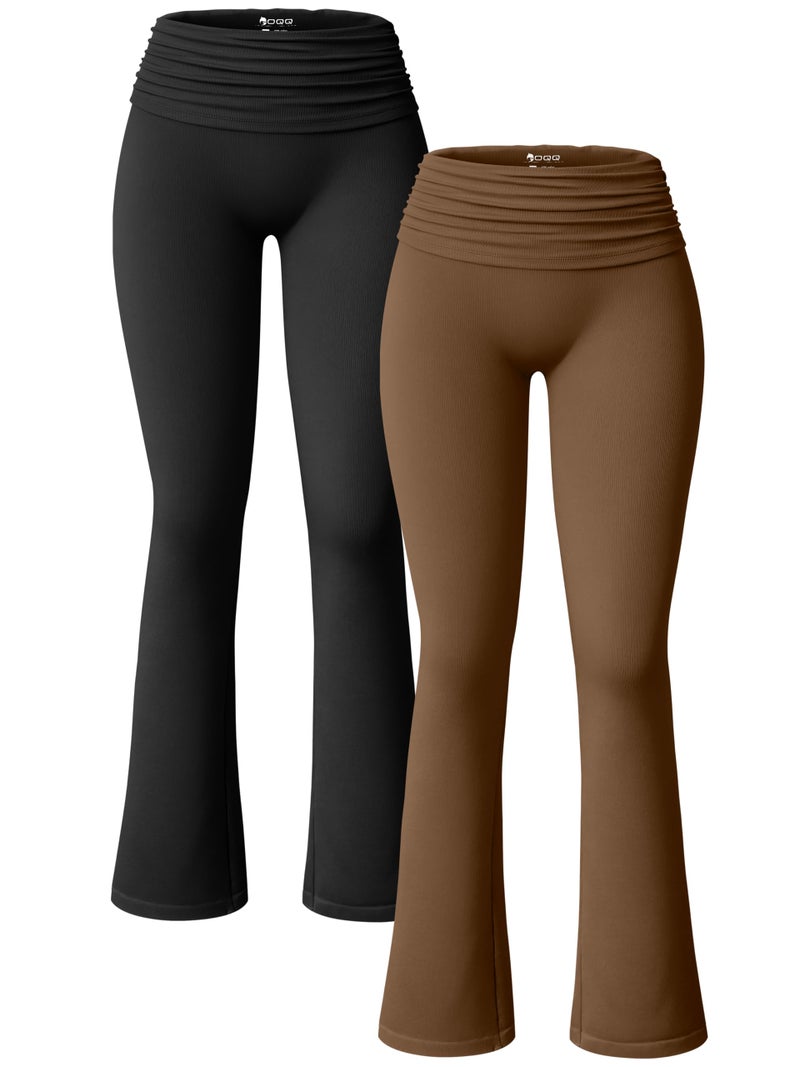 OQQ Women's 2 Piece Flared Pants Ribbed Fold Over Kick Ruched Stretch High Waist Casual Wide Leg Black Coffee - Image 1