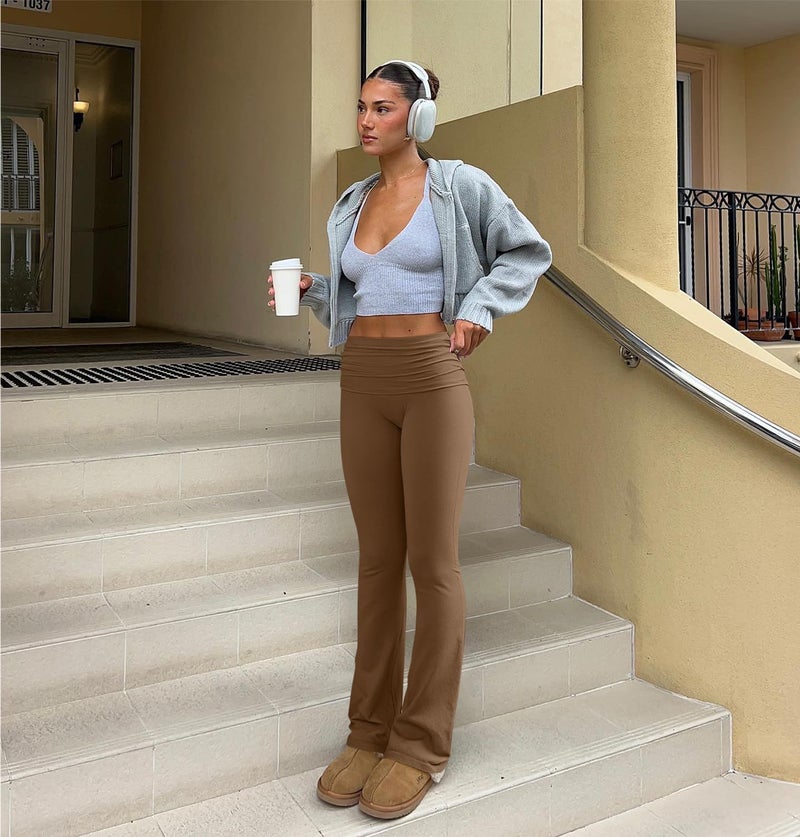 OQQ Women's 2 Piece Flared Pants Ribbed Fold Over Kick Ruched Stretch High Waist Casual Wide Leg Black Coffee - Image 5