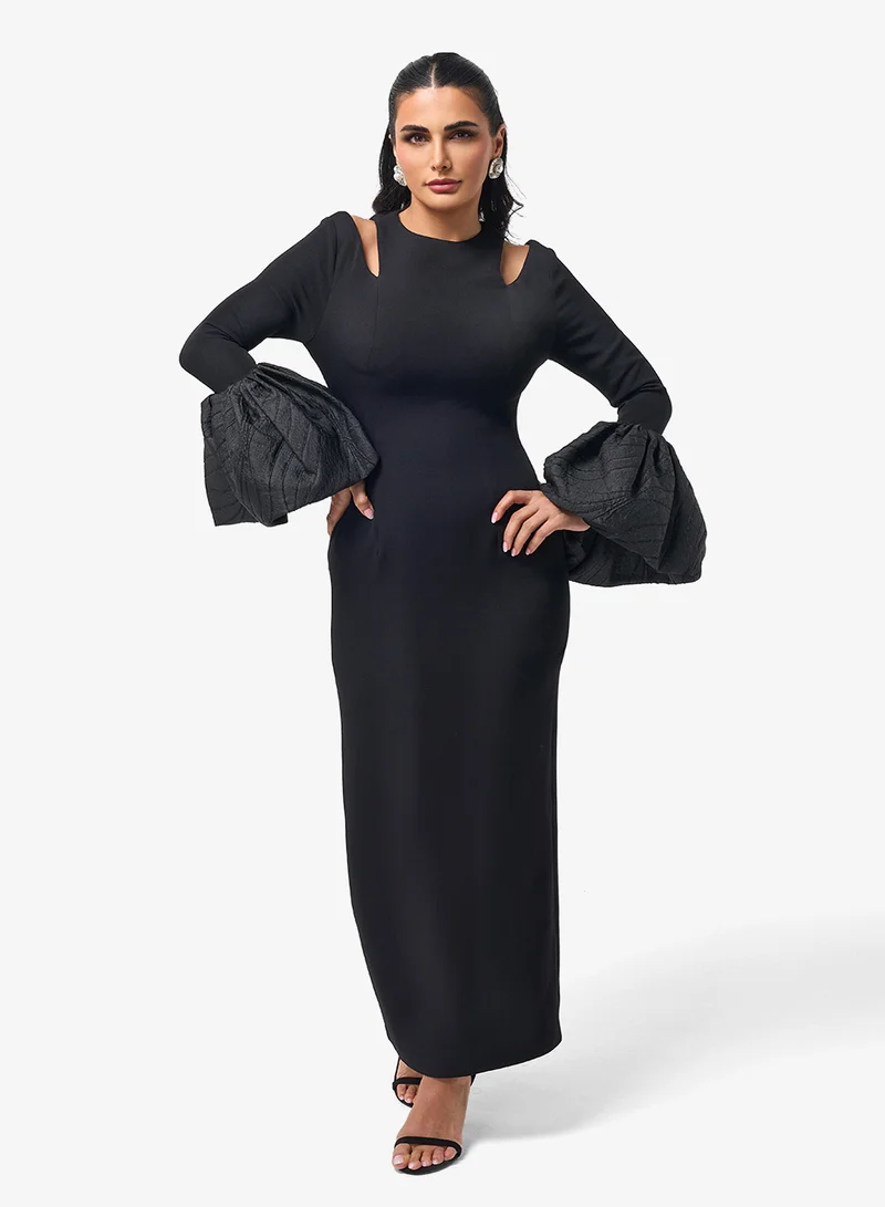 Threadz by Ajooni  Cutout Long Flared Sleeve Maxi Dress for Women | Best Price UAE