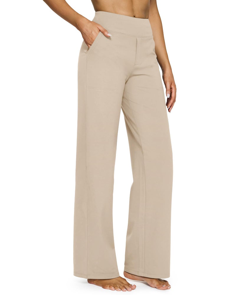 G4Free Yoga Dress Pants for Women Wide Leg Pants with Pockets Straight Leg Sweatpants Stretchy Business Casual Trousers Work Slacks(Light Khaki,M,31") - Image 1