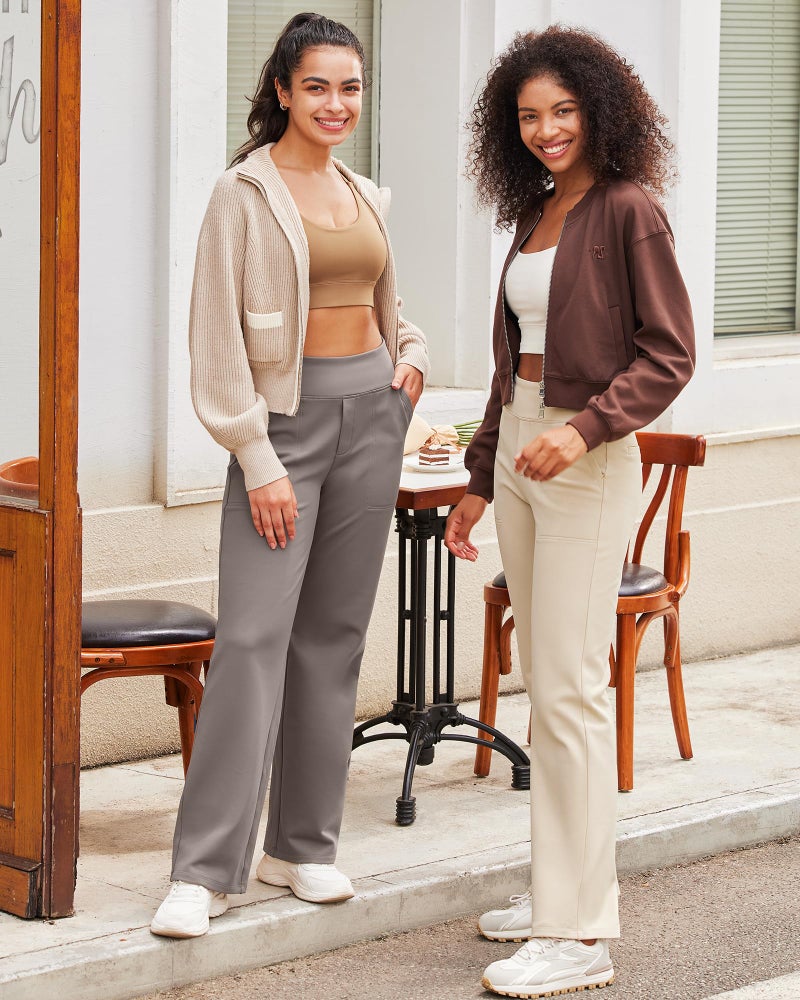 G4Free Yoga Dress Pants for Women Wide Leg Pants with Pockets Straight Leg Sweatpants Stretchy Business Casual Trousers Work Slacks(Light Khaki,M,31") - Image 4