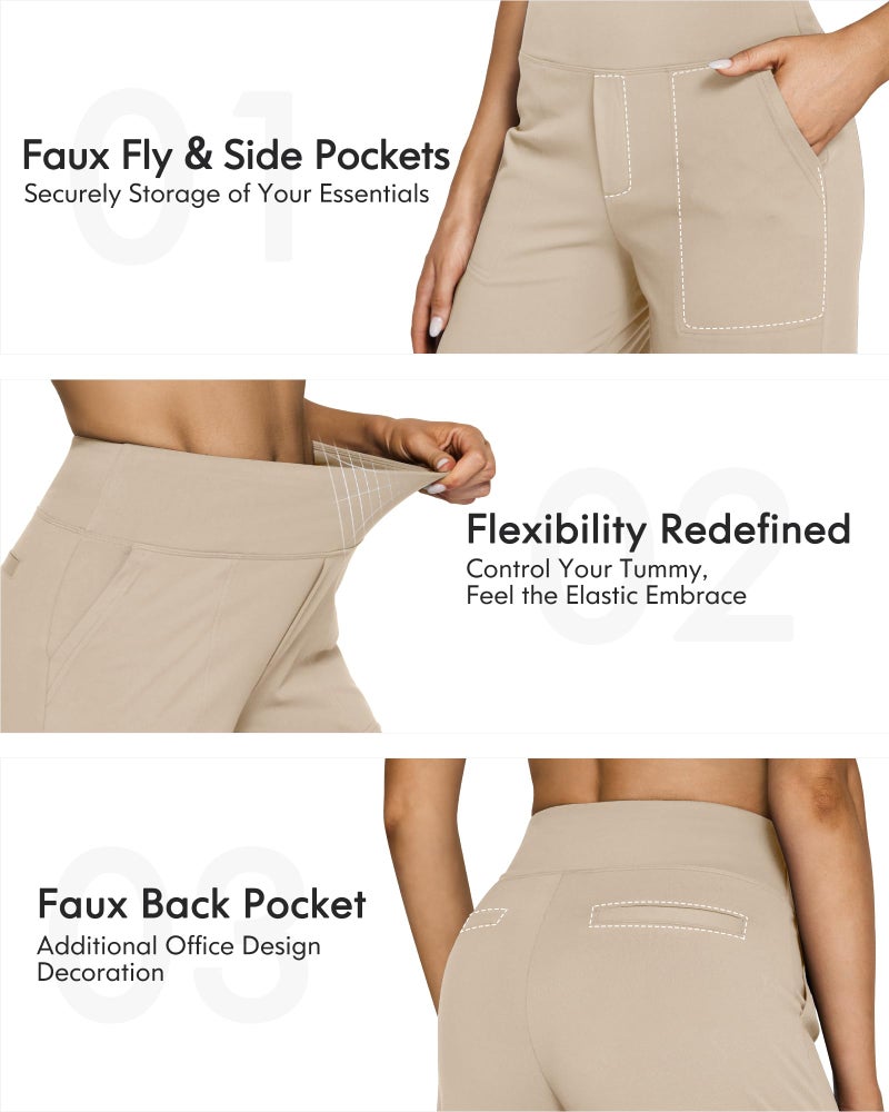 G4Free Yoga Dress Pants for Women Wide Leg Pants with Pockets Straight Leg Sweatpants Stretchy Business Casual Trousers Work Slacks(Light Khaki,M,31") - Image 2