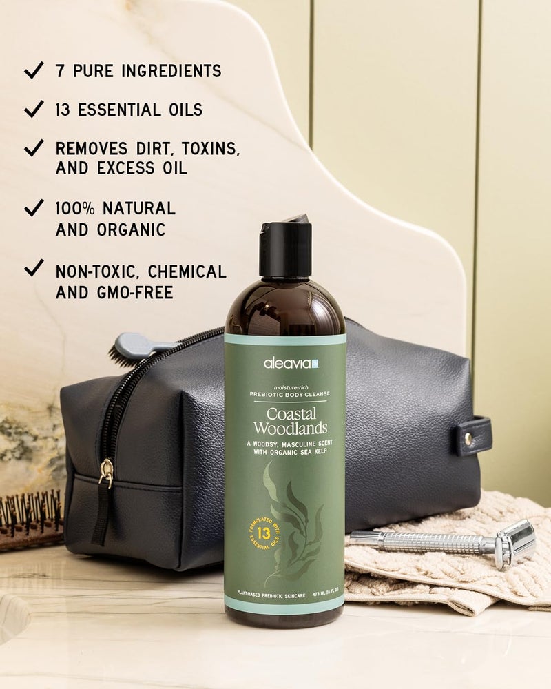 Aleavia Coastal Woodlands Mens Body Cleanse â€“ Organic & All-Natural Prebiotic Body Wash for Men, Woodsy Notes Scented with 13 Essential Oils, â€“ Nourish Your Skin Microbiome â€“ 16 Oz. - Image 2