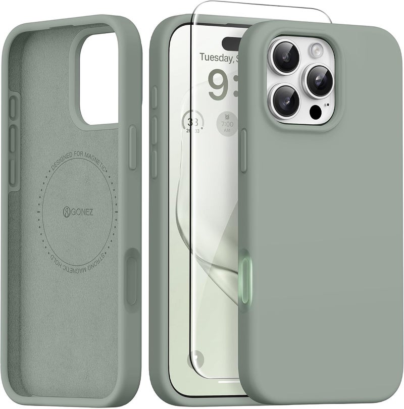 GONEZ Magnetic for iPhone 16 Pro Case, Compatible with MagSafe, [Screen Protector + Camera Lens Protector], Silicone Shockproof Anti-Scratch Protective Phone Case 6.3 inch, Calke Green - Image 1