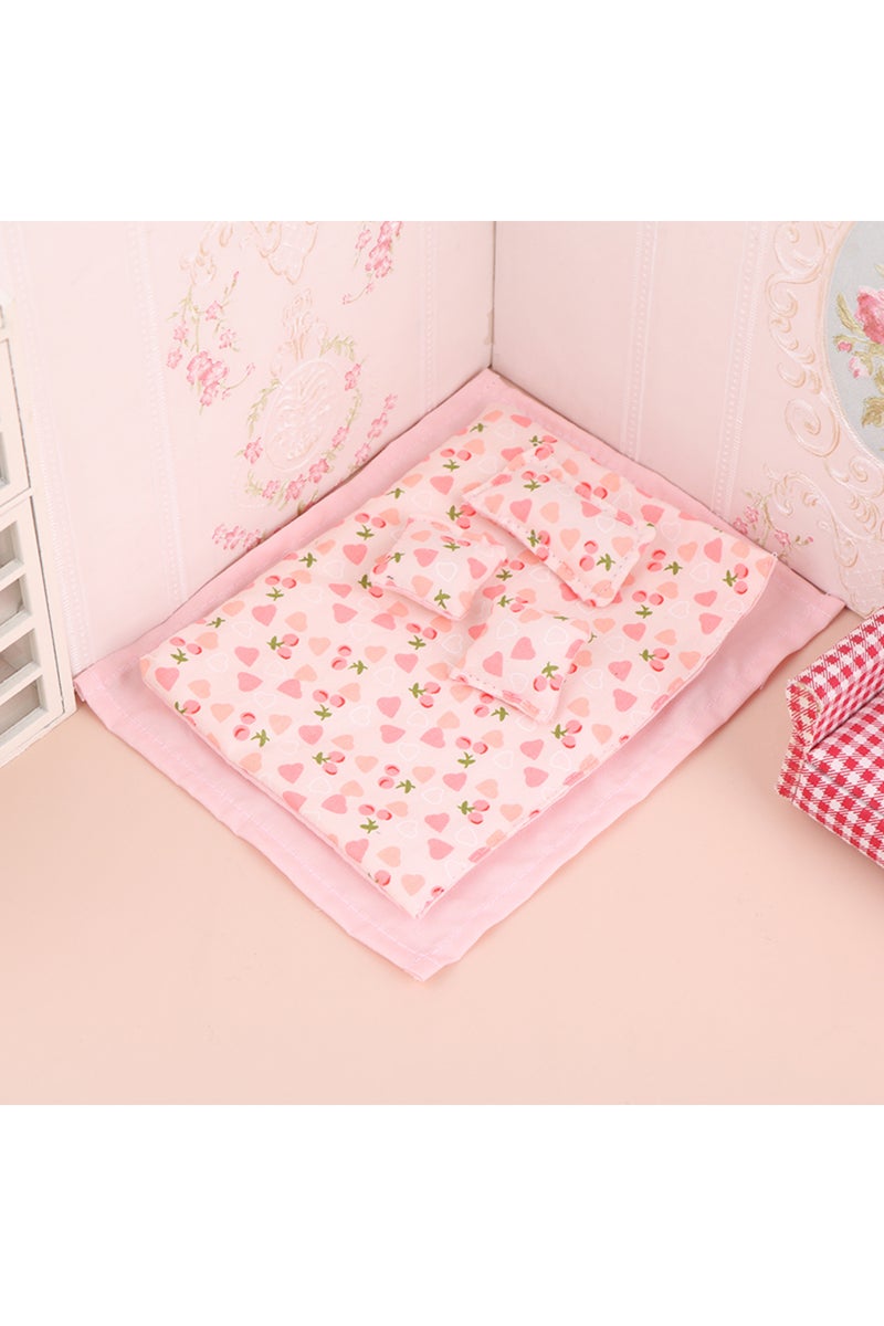 Pink 1Set 1:12 Dollhouse Miniature Bed Four Piece Bed Set Bed Sheet Quilt Pillow Quilt Cover Bedroom
