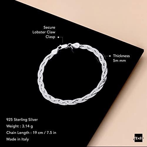 Amberta Women's 925 Sterling Silver Braided Herringbone Chain Bracelet (Length 7.5 inch): Silver - Image 5