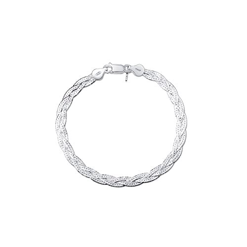 Amberta Women's 925 Sterling Silver Braided Herringbone Chain Bracelet (Length 7.5 inch): Silver - Image 1