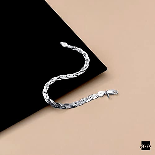 Amberta Women's 925 Sterling Silver Braided Herringbone Chain Bracelet (Length 7.5 inch): Silver - Image 3