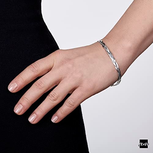 Amberta Women's 925 Sterling Silver Braided Herringbone Chain Bracelet (Length 7.5 inch): Silver - Image 2