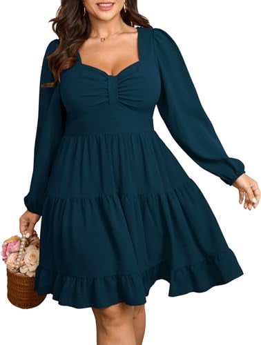 SCOMCHIC Women's Plus Size Dresses Cocktail Long Sleeve Sweetheart Neckline A Line Boho Cute Flowy Fall Mini Short Dress Lake Blue - Image 1
