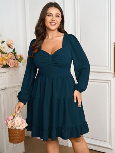 SCOMCHIC Women's Plus Size Dresses Cocktail Long Sleeve Sweetheart Neckline A Line Boho Cute Flowy Fall Mini Short Dress Lake Blue - Image 2