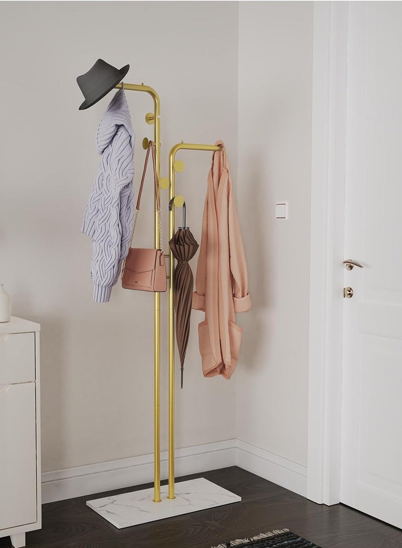 Metal Coat Rack Stand Sturdy Coat Racks Hanger Stand Gold Double Pole Clothing Rack with 5 Hooks and Heavy Granite Base Clothes Stand Hat Hanger for Bedroom Office Entryway 60x30.2x171cm - Image 1