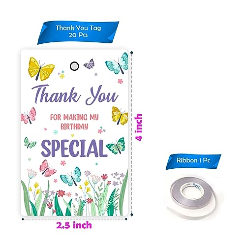 Party Propz Thank You Tags For Return Gift - (20 Pcs) Butterfly Theme Embossed Printing Thank You Cards For Return Gifts (Cardstock),Tags with Ribbon, Birthday Gifts - Image 2