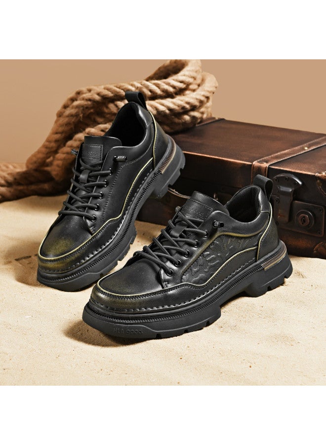 HLA Men's Work Shoes, Retro Textured Distressed Leather Men's Shoes, Platform Sneakers, Low-top Breathable Casual Work Shoes For Men - Image 3