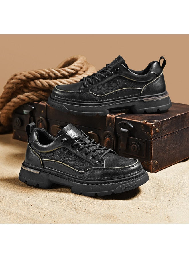 HLA Men's Work Shoes, Retro Textured Distressed Leather Men's Shoes, Platform Sneakers, Low-top Breathable Casual Work Shoes For Men - Image 2